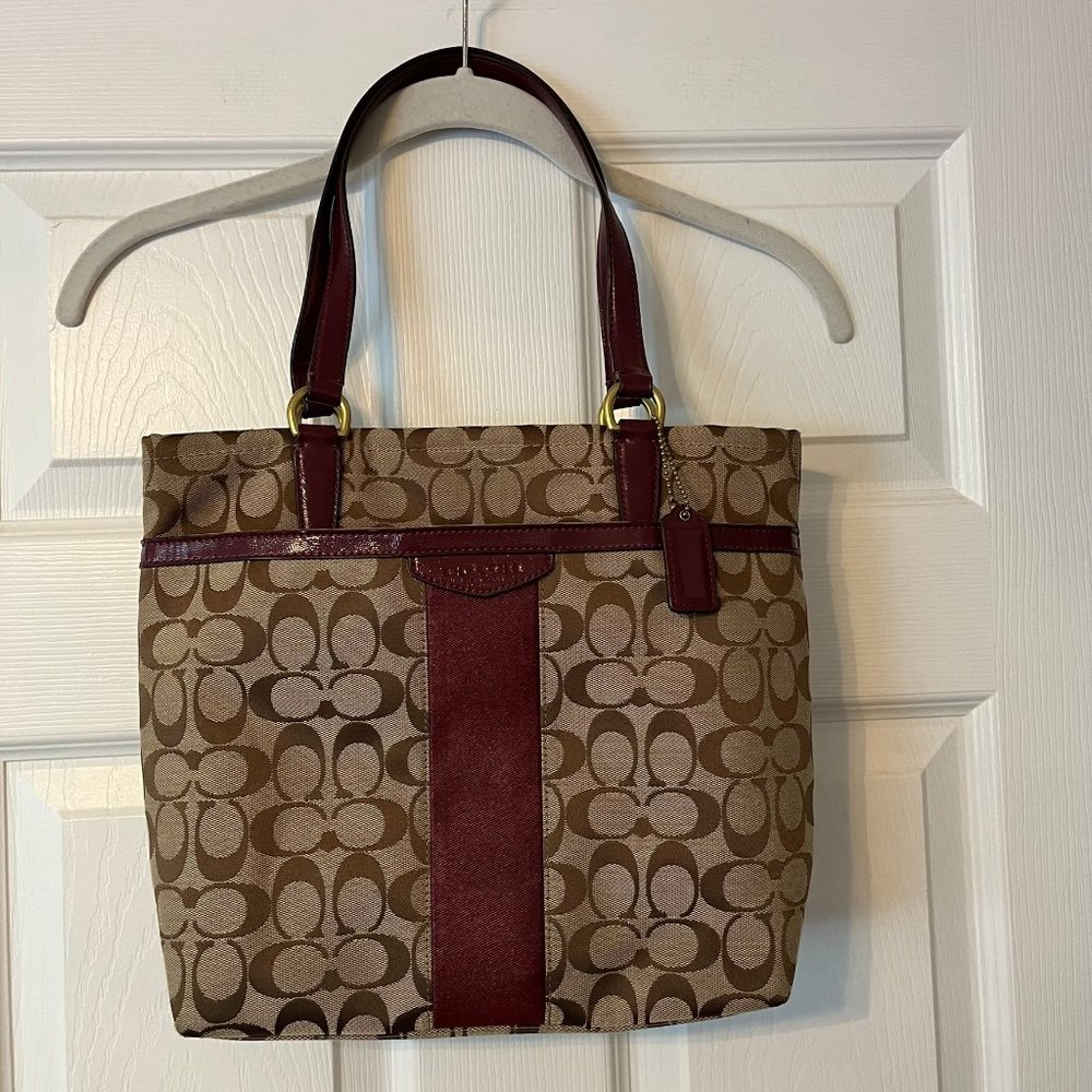 Coach Signature Canvas Tote with Brown and Burgundy Trim